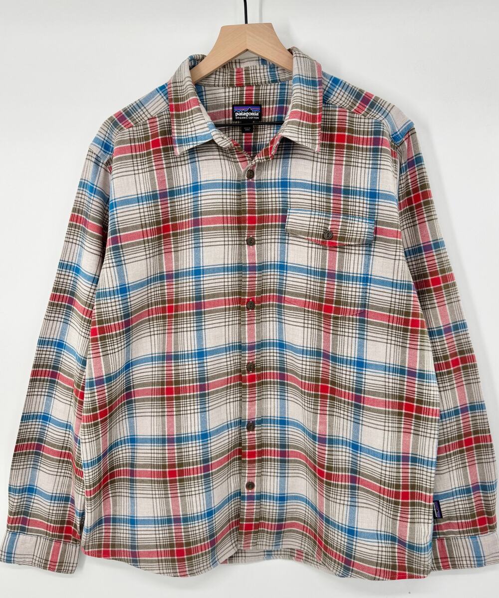 Patagonia Mens Fjord Plaid Flannel Shirt Ivory Blue Red Check L